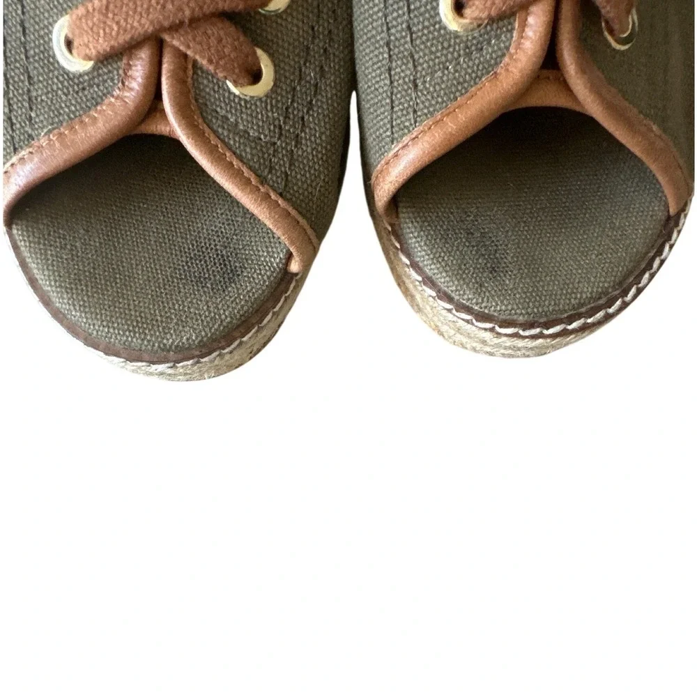 Tory‎ Burch Blair Wedge Lace Up Espadrilles Olive Canvas Size 8